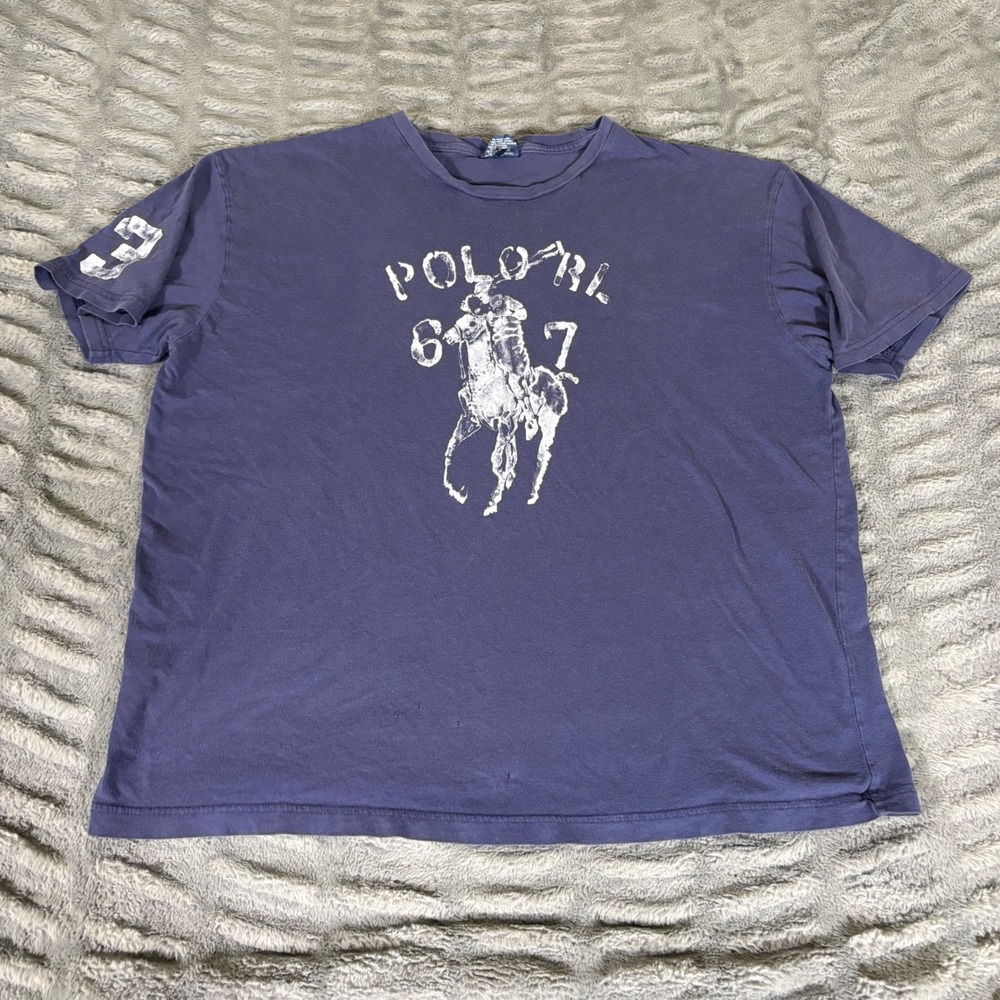 Polo Ralph Lauren 67 Big Pony Graphic T-Shirt Mens Large Blue Distressed AT661